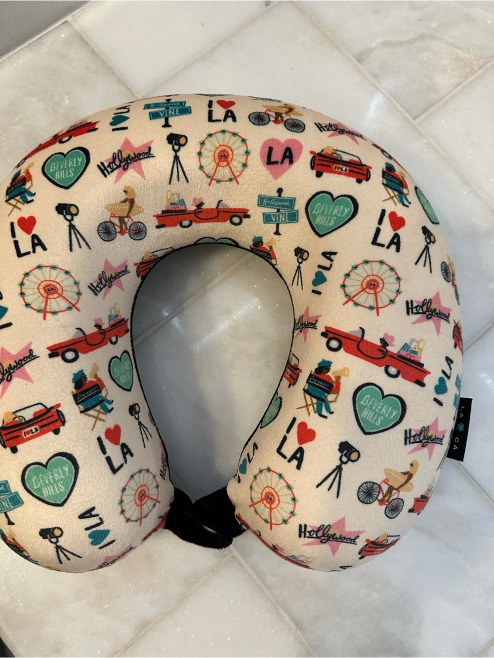 LA Print Travel Neck Pillow - Cream with Colorful Icons